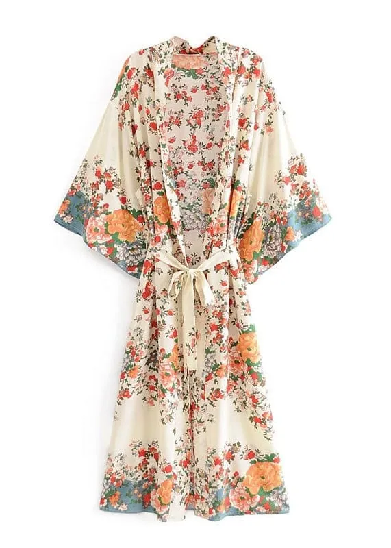 Long Boho Kimono White decorated with flowers sold by Boho Mood product image thumbnail 2