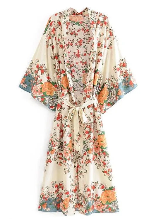 Long Boho Kimono White decorated with flowers sold by Boho Mood