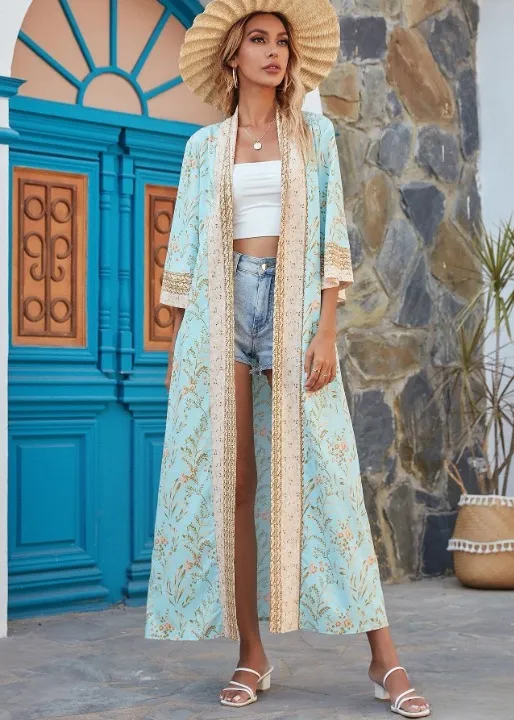 Wonderful Long Blue Sky Floral Kimono sold by Boho Mood