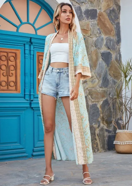 Wonderful Long Blue Sky Floral Kimono sold by Boho Mood product image thumbnail 3