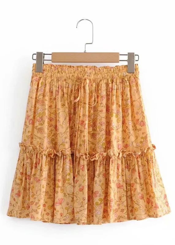 Orange Boho chic mini Skirt with floral pattern sold by Boho Mood