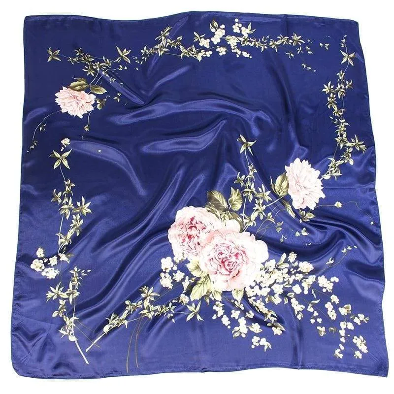 Boho Retro Blue Scarf printed large pink flower sold by Boho Mood product image thumbnail 2