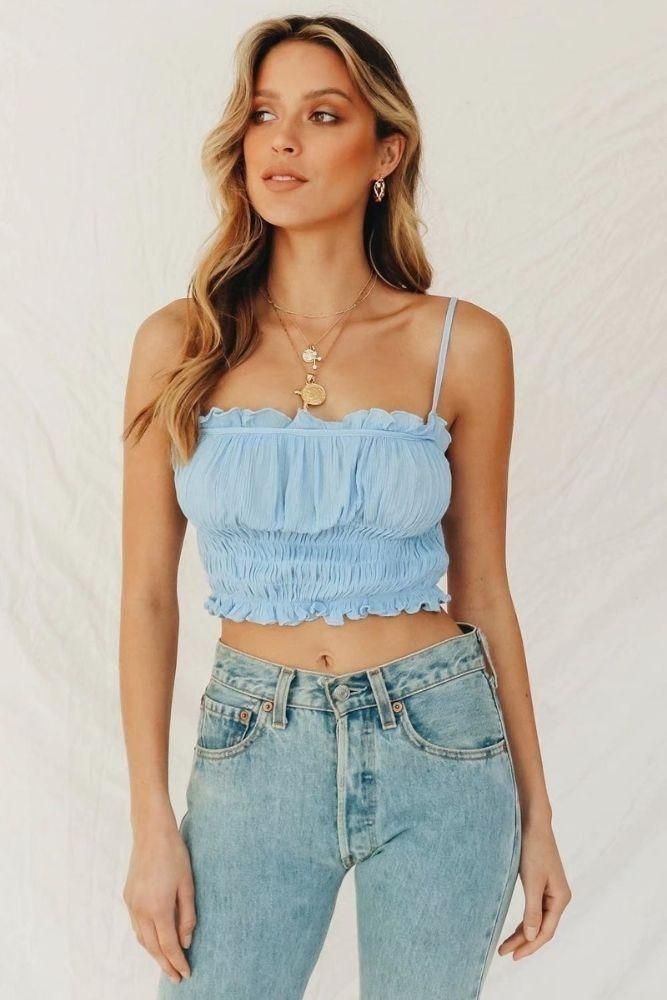 Boho Smocked Pleated Cropped Top with Ruffles and Thin Straps sold by Boho Mood product image thumbnail 4