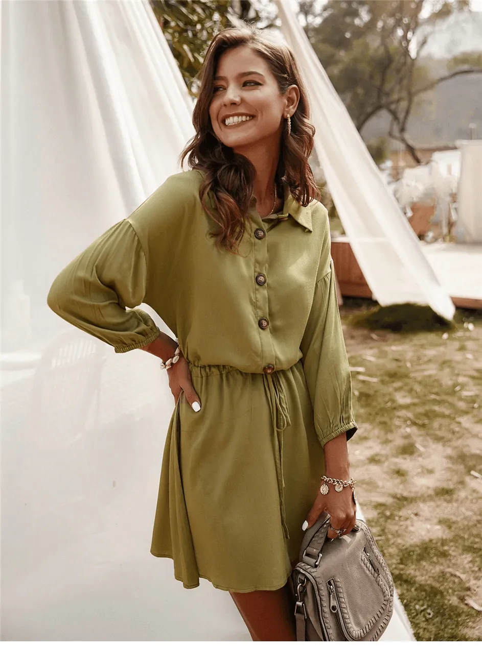 Chic Bohemian Mini Dress in Khaki Green sold by Boho Mood