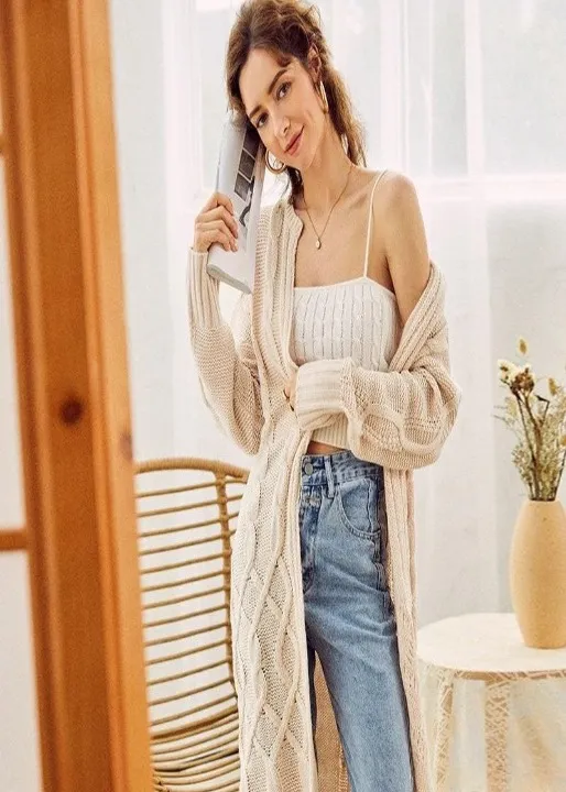 Boho Long Cardigan with relief, closed cuffs, powder pink sold by Boho Mood product image thumbnail 2
