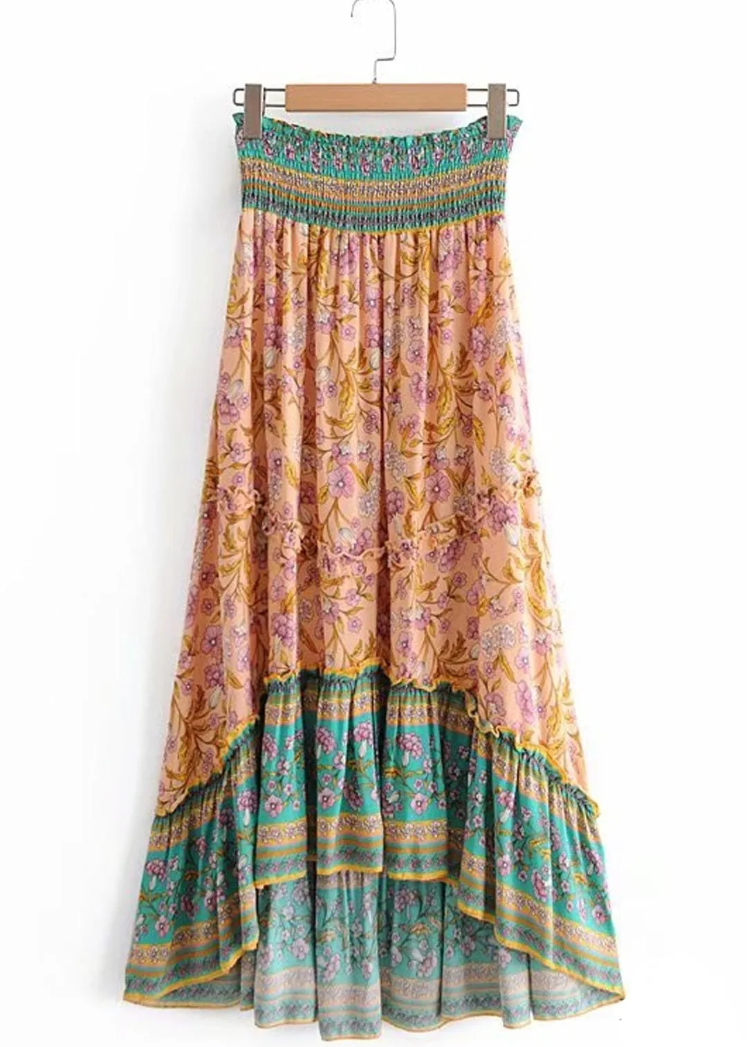 Boho Maxi flared Skirt orange asymmetrical floral pattern sold by Boho Mood