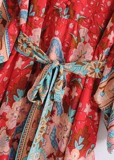 Long Boho Kimono Red Floral with Buttons sold by Boho Mood product image thumbnail 2