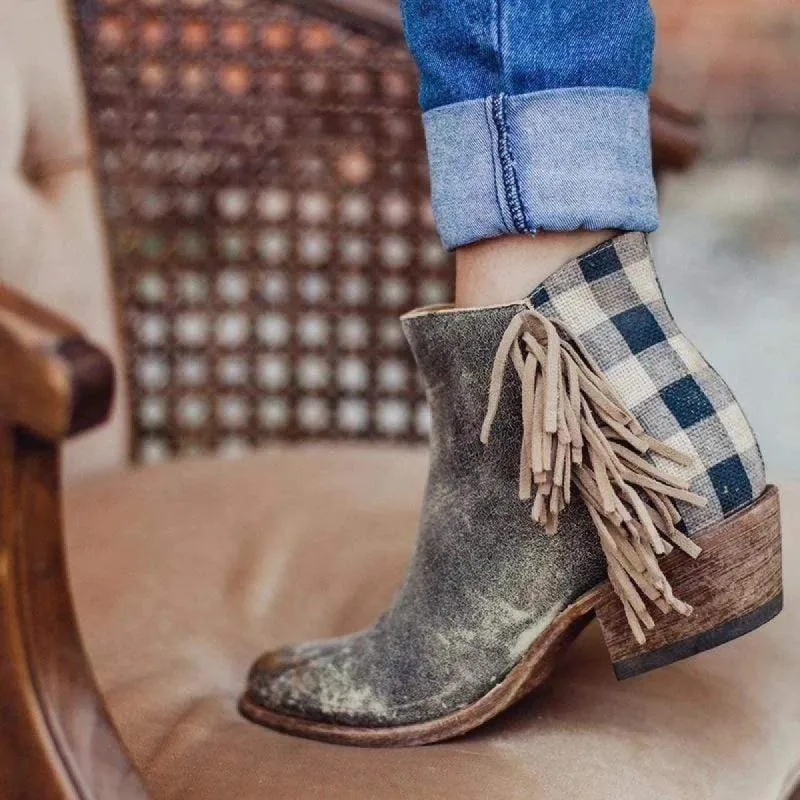Boho Fringed Boots with Gingham Print sold by Boho Mood