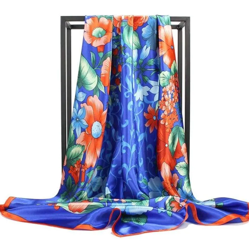 Boho Chic Retro blue Scarf with large flower print sold by Boho Mood