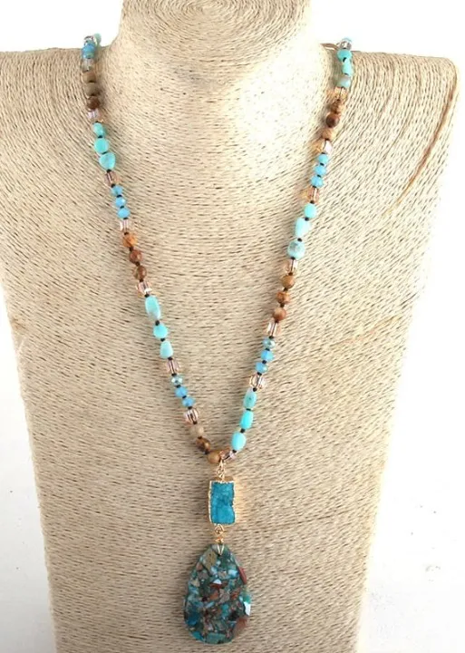 Long Boho Beaded Necklace - Teardrop Pendant sold by Boho Mood