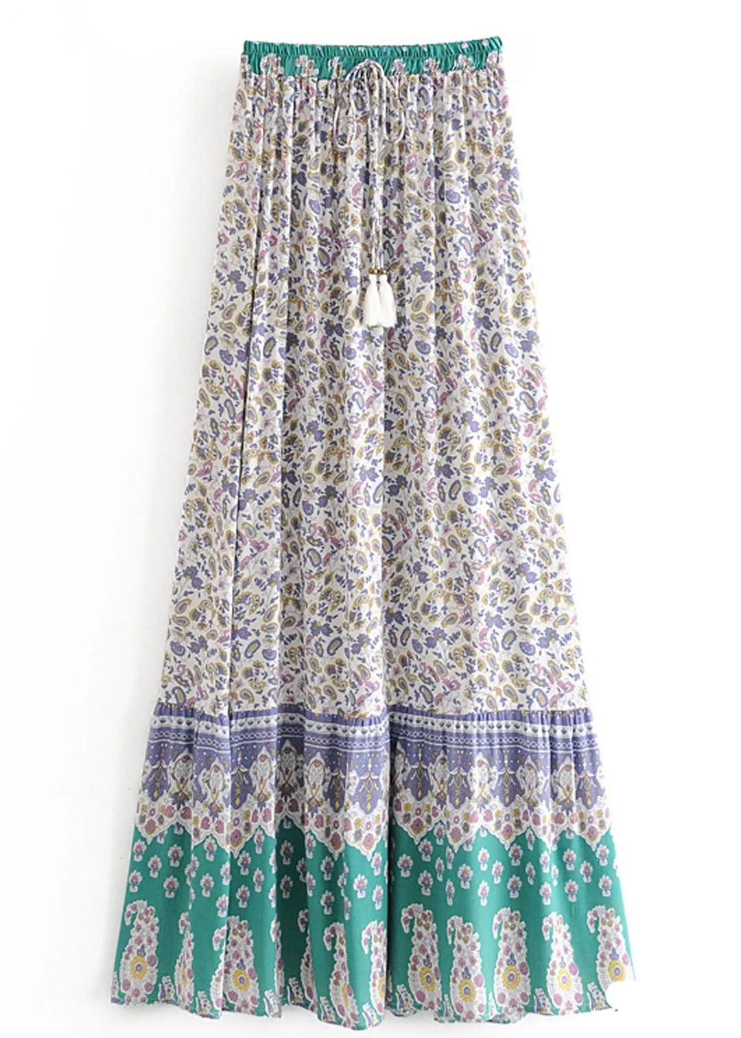 Boho maxi Skirt with purple and green floral pattern sold by Boho Mood