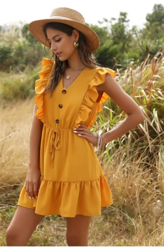 Ruffled Yellow Mini Hippie Dress sold by Boho Mood