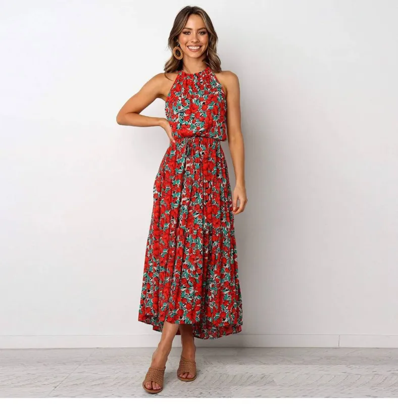Mid-Length Boho Dress with Red/Blue Flowers sold by Boho Mood