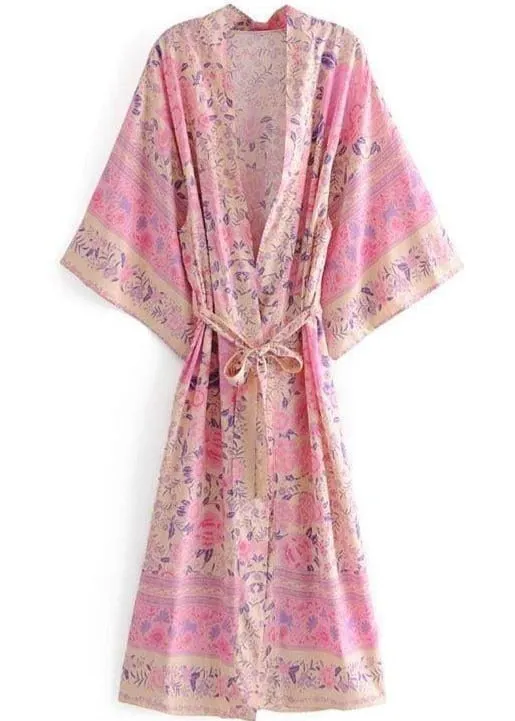 Perfect Long Pink Floral Kimono sold by Boho Mood