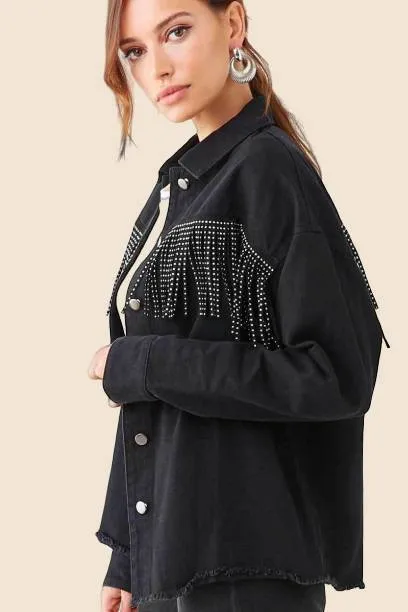 Boho Black Denim Jacket with Rhinestones and Fringes sold by Boho Mood
