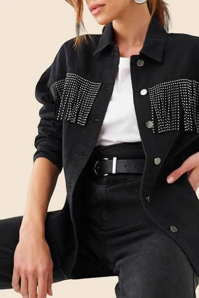 Boho Black Denim Jacket with Rhinestones and Fringes sold by Boho Mood product image thumbnail 4