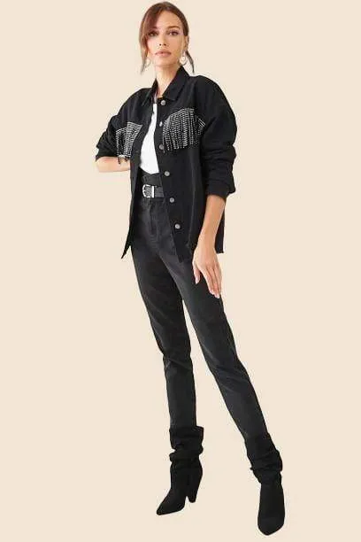 Boho Black Denim Jacket with Rhinestones and Fringes sold by Boho Mood product image thumbnail 5