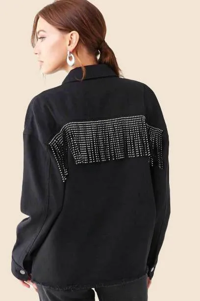 Boho Black Denim Jacket with Rhinestones and Fringes sold by Boho Mood product image thumbnail 2