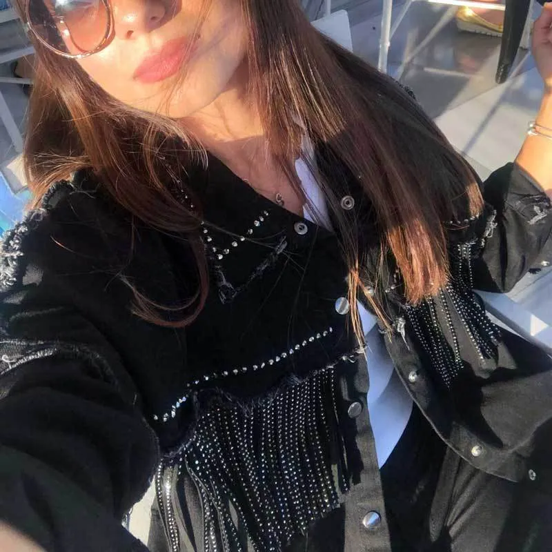 Boho Black Denim Jacket with Rhinestones and Fringes sold by Boho Mood product image thumbnail 3