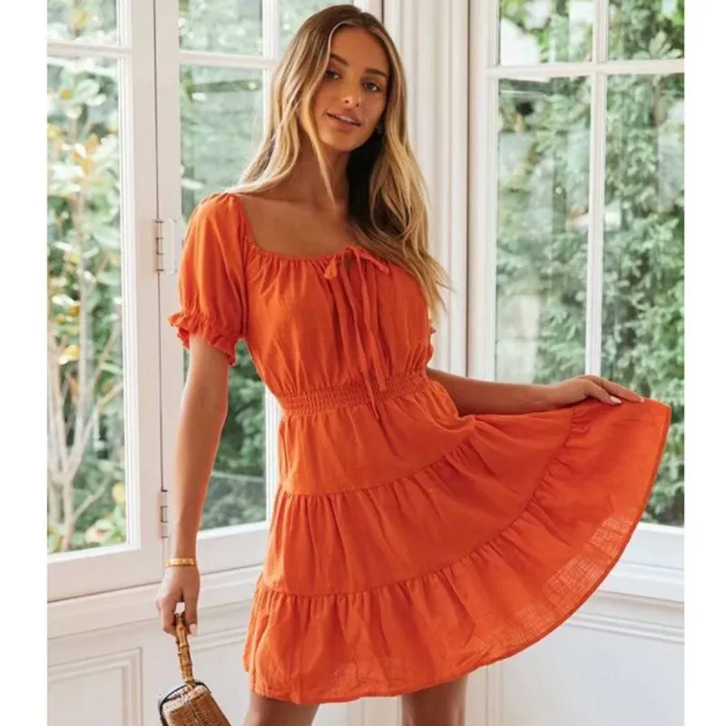 Boho Mini Orange Ruffle Dress sold by Boho Mood