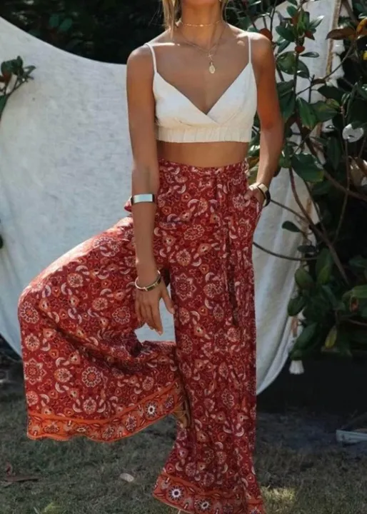 Boho Pants Palazzo Paisley Red Indian Floral sold by Boho Mood product image thumbnail 5