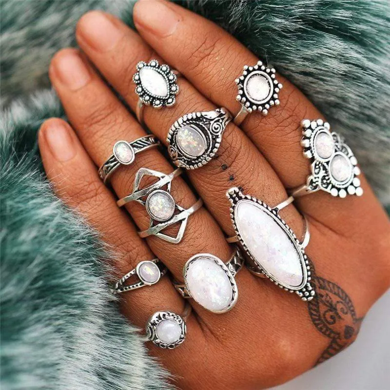 Boho Silver Rings Set Opal sold by Boho Mood