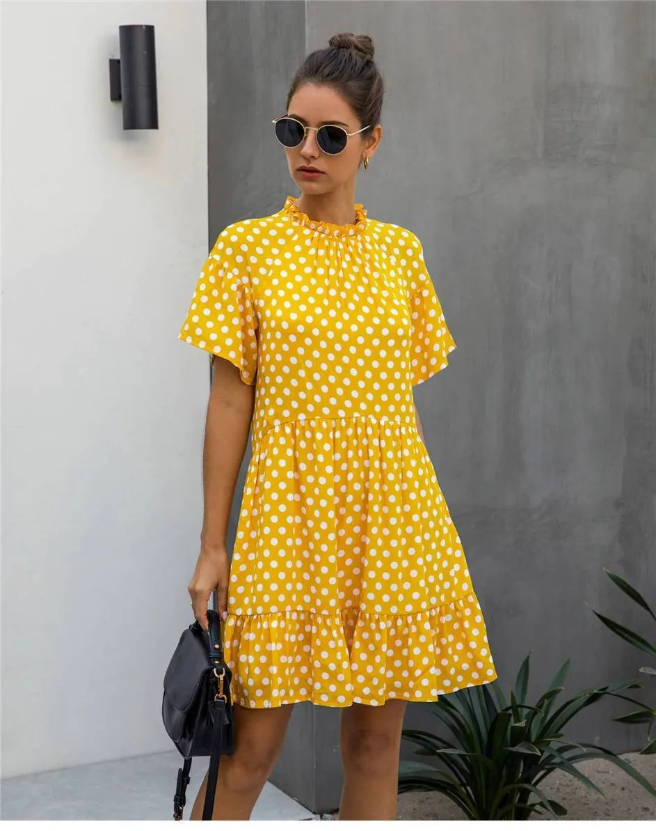 Retro Boho Dress in Yellow with Polka Dots sold by Boho Mood