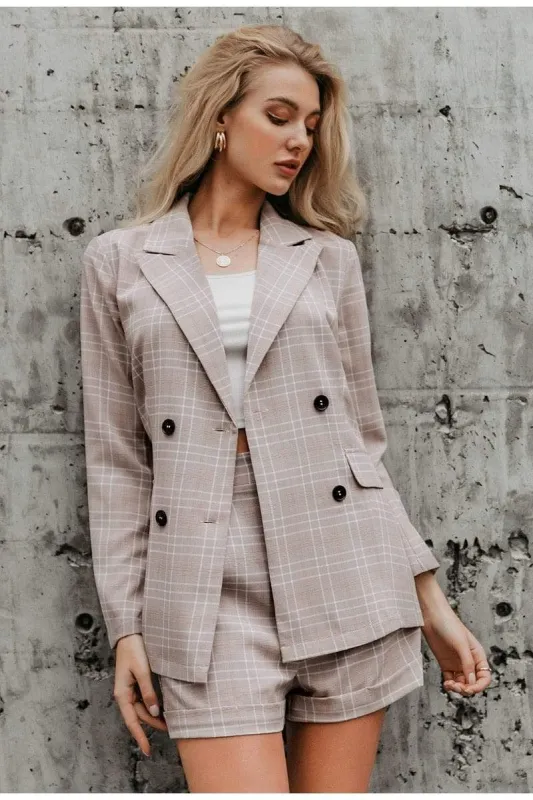 Boho Plaid Suit (Blazer + Short) in Taupe sold by Boho Mood