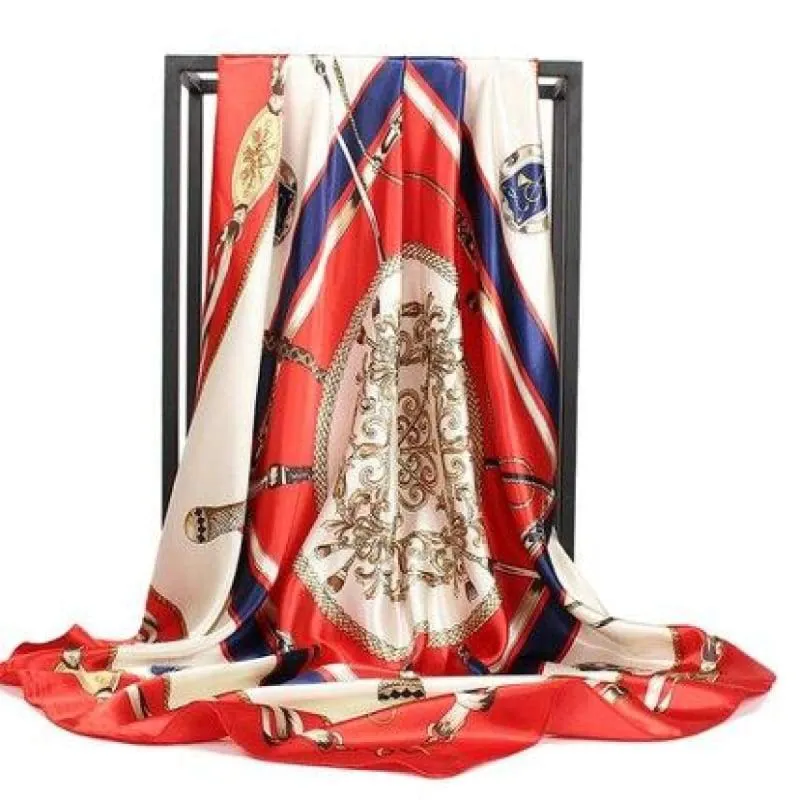 Boho scarf Vintage red satin blue print sold by Boho Mood