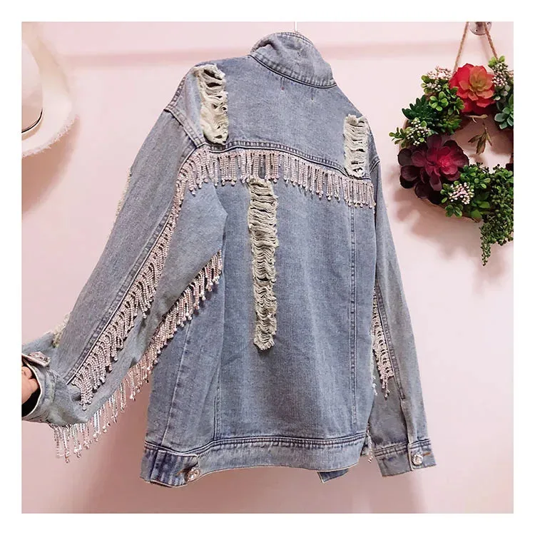 Boho Denim Torn Jacket with Rhinestones sold by Boho Mood product image thumbnail 4