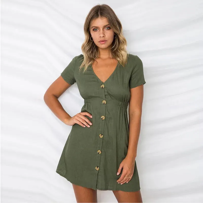 Button through Boho Mini Dress in Khaki Green sold by Boho Mood