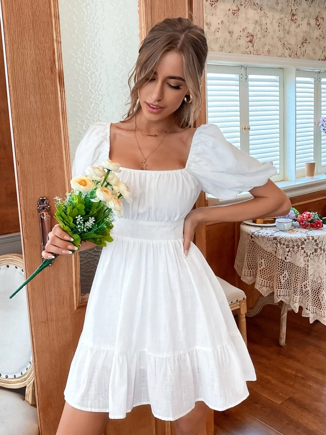 Romantic Short Dress in White sold by Boho Mood