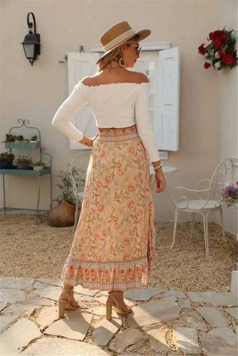 Boho Long Flared Skirt asymmetrical pink orange floral pattern sold by Boho Mood product image thumbnail 2