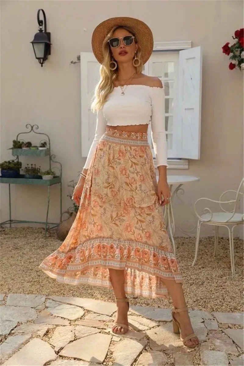 Boho Long Flared Skirt asymmetrical pink orange floral pattern sold by Boho Mood