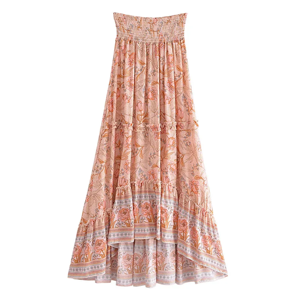 Boho Long Flared Skirt asymmetrical pink orange floral pattern sold by Boho Mood product image thumbnail 3