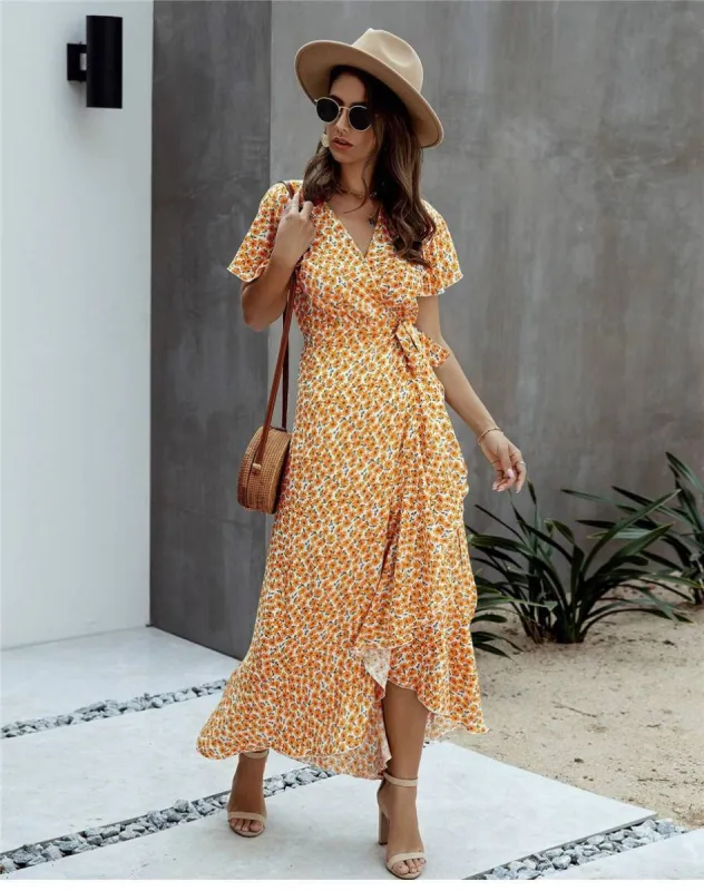 Mid-Length Boho Dress in with Sunflower Print sold by Boho Mood