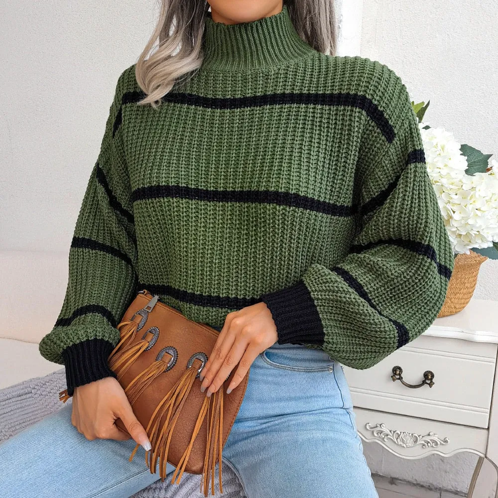 Green Boho High Neck Sweater with Stripes sold by Boho Mood product image thumbnail 2