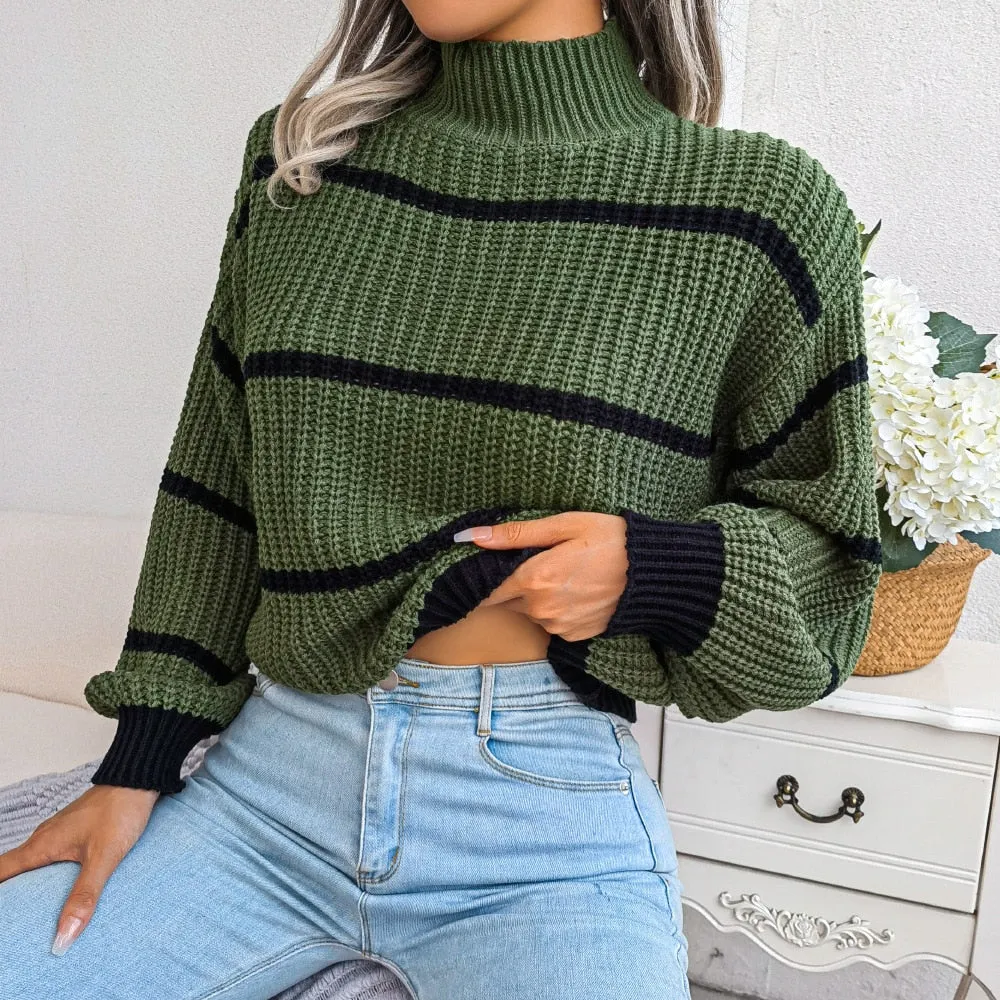 Green Boho High Neck Sweater with Stripes sold by Boho Mood product image thumbnail 3