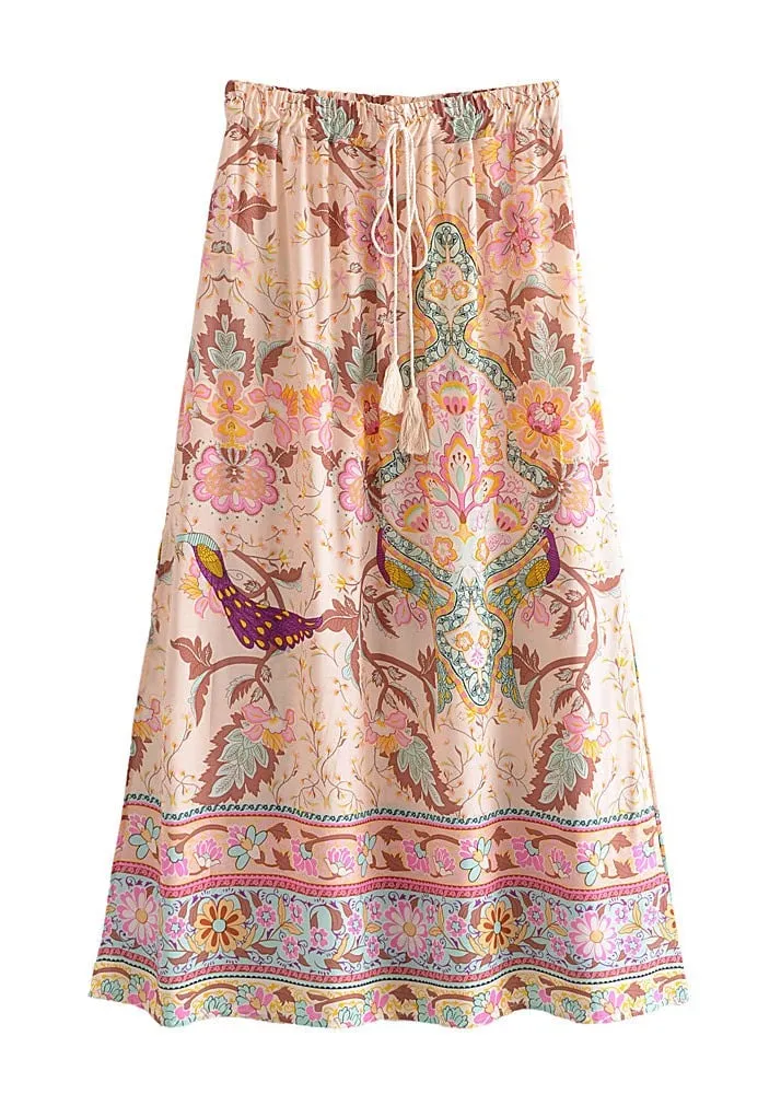 Boho Beige maxi Skirt with floral pattern with slits sold by Boho Mood product image thumbnail 2