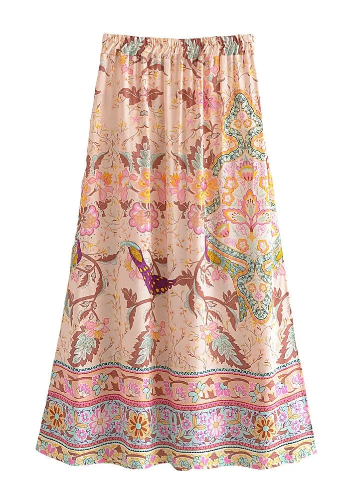 Boho Beige maxi Skirt with floral pattern with slits sold by Boho Mood product image thumbnail 3