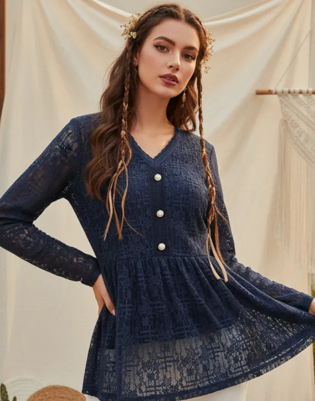 Navy Blue Boho Lace Blouse for Women made by Boho Mood