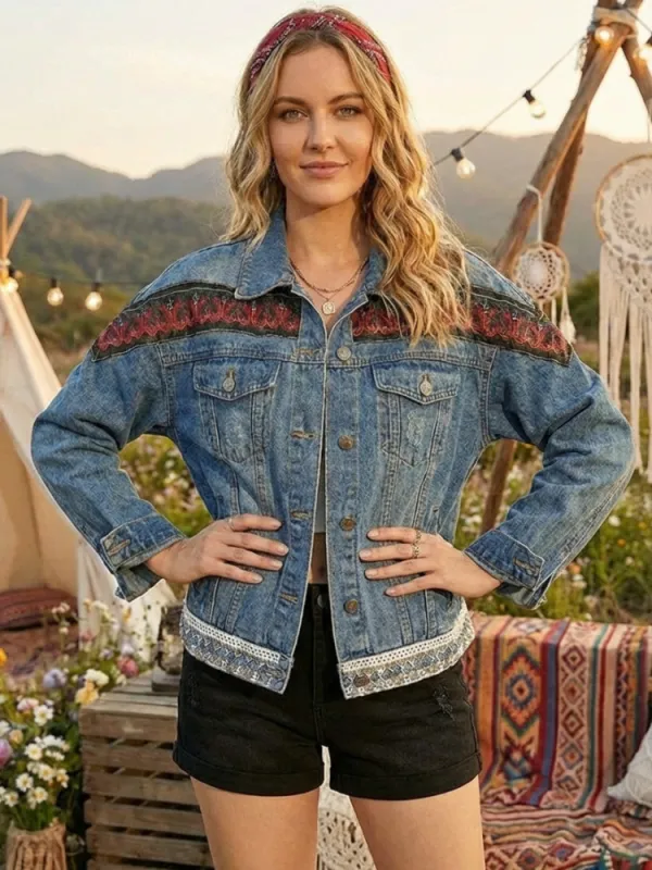 Hippie Denim Jacket with Ethnic Print made by Boho Mood
