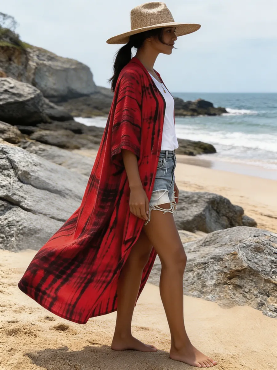 Red Boho Tie Dye Beach Kimono sold by Boho Mood product image thumbnail 2