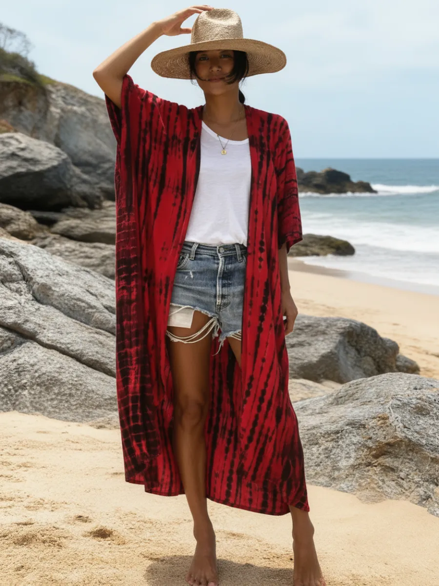 Red Boho Tie Dye Beach Kimono sold by Boho Mood