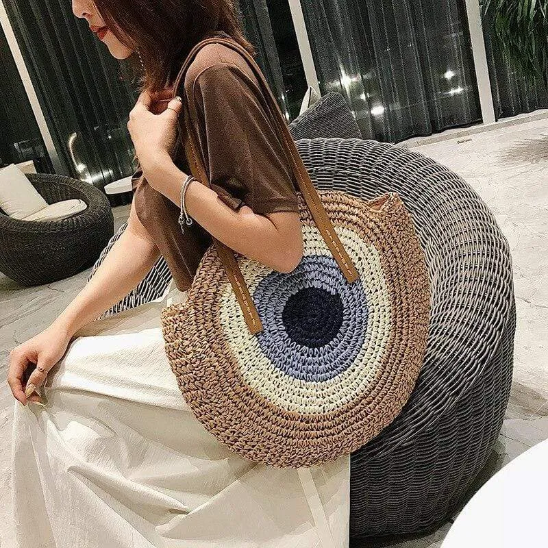 Boho Straw Round Beach Tote Bag sold by Boho Mood