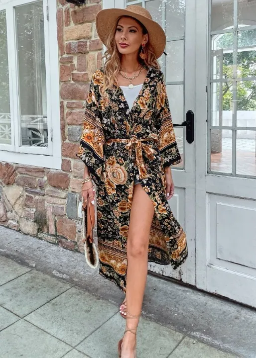 Long Boho Kimono Golden Floral sold by Boho Mood product image thumbnail 2