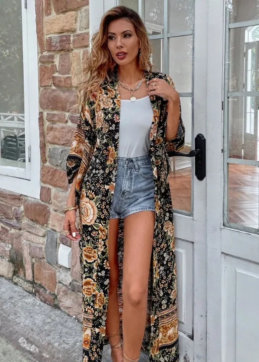 Long Boho Kimono Golden Floral sold by Boho Mood