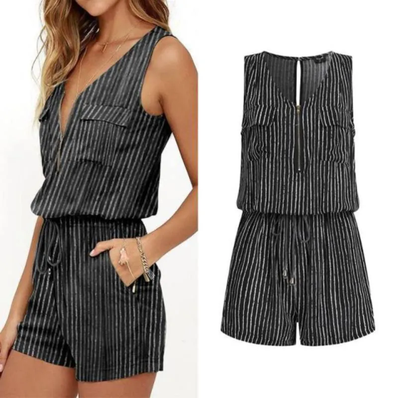 Boho Romper Casual V-neck stripe pattern sold by Boho Mood