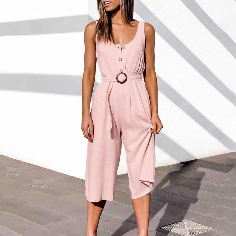Boho Romper mid-length sleeveless buttoned with belt sold by Boho Mood