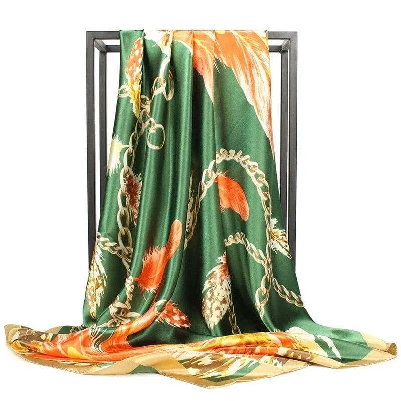 Green retro Boho Scarf with orange and gold pattern sold by Boho Mood
